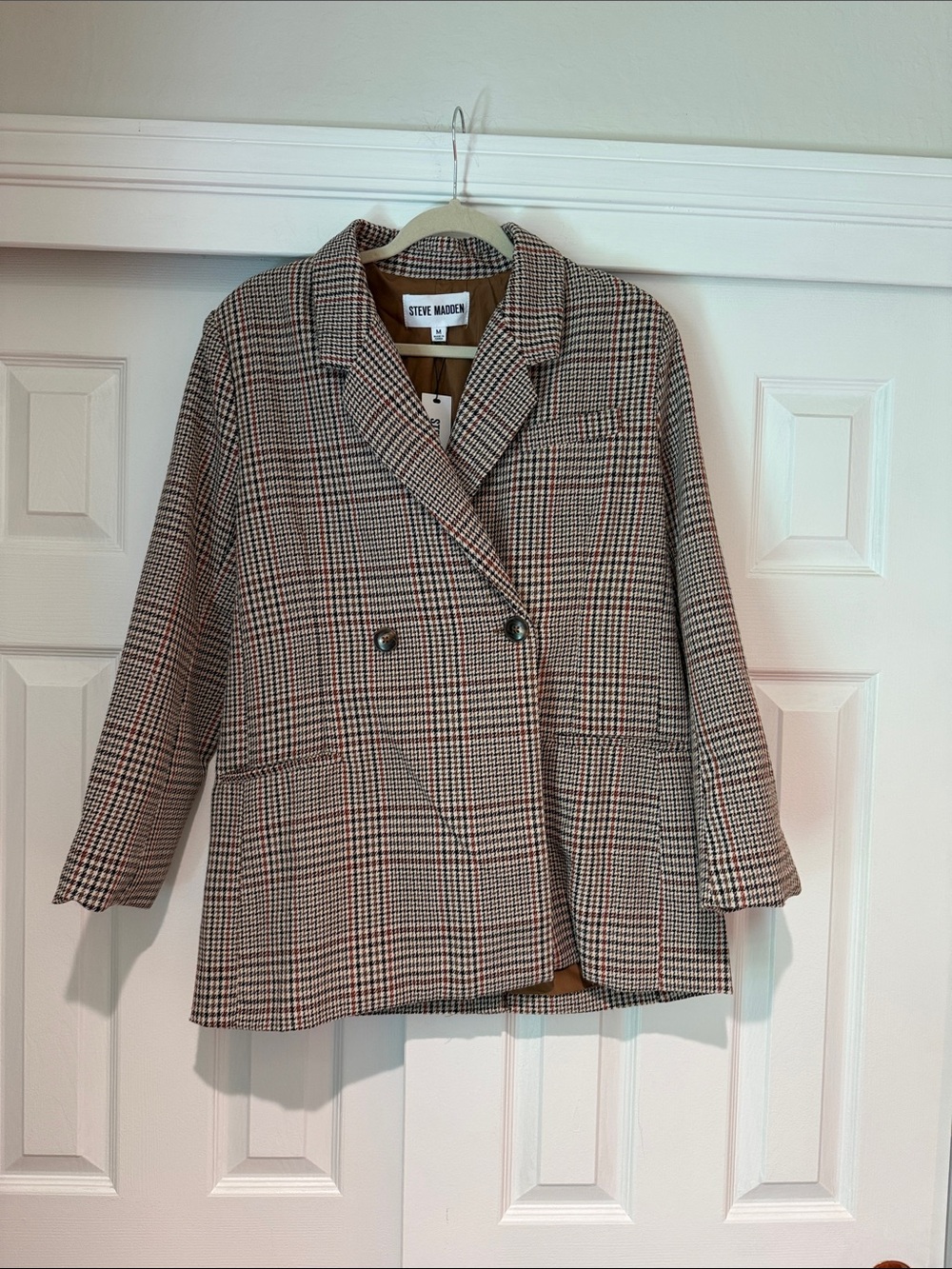 Steve Madden Brown Plaid Double-Breasted Blazer